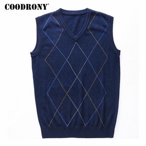 CoodronyカジュアルアーガイルVネックノースリーブベストメンズ服秋冬到着ニットカシミヤウールセーター8174 211006