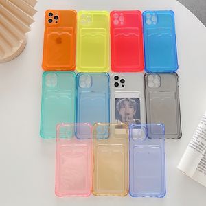 Viereckige fluoreszierende Farbe, Kreditkartenfach, transparente Hüllen, stoßfeste, klare TPU-Kameraobjektiv-Schutztasche für iPhone 12 Mini 11 Pro MAX 8 7 Plus