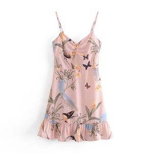 Evfer Summer Fashion Ladies Wild Brid Print Pink Mini Dress Women Elegant High Waist Elastic Bust Back Zipper Sling Short 210421