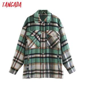 Kvinnor Grön Plaid Mönster Tjock Coats Jacka Lösa Långärmad Focken Damer Elegant Höst Vinterrock 3H107 210416