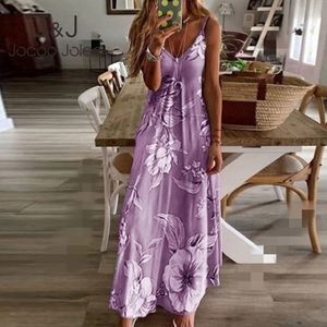 JOCoo Jolee Elegat pasek V Neck Slim Długa Dress Sexy Bez Rękawów Kwiatowy Drukuj Boho Sukienka Lato Sexy Sundress Oversized 5xl 210518