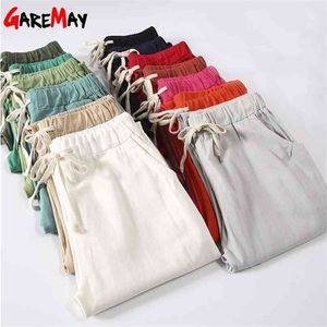 Kadınlar için Garemay Pamuk Keten Pantolon Pantolon Gevşek Rahat Düz Renk Harem Artı Boyutu Yaz 210915