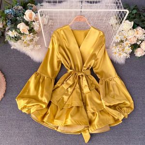 Wholesale two layer dress for sale - Group buy Casual Dresses HISUMA Spring Autumn Women s Deep V Neck Lantern Sleeve Two Layers Ruffles Satin Dress Female Elegant Puff