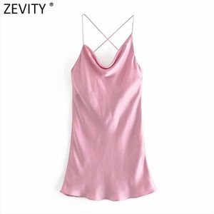 Women Fashion Soft Touch Satin Camisole Mini Dress Ladies Sexy Backless Cross Straps Female Dresses Vestidos Mujer DS8252 210416