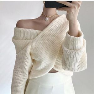 Long Sleeve Sexy Knit Sweater For Women Autumn Winter Pullover Tops Korean Cross V-neck Off Shoulder Ladies Thick Sweaters 210514