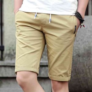 Bawełniane szorty letnie mężczyźni casual sznurek krótkie spodnie kolano długość pracy mężczyzna bermudas stały kolor cienki 210716