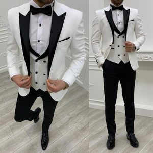 Smart Fashion White Mens Anpassad Bröllop Tuxedos One Button Groom Wear Dinner Prom Party Blazer Jacket Vest Black Pants