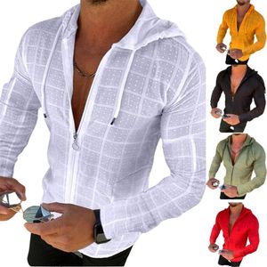 Lång/kortärmad hoodie dragkedja t shirt män kläder sommar fast färg casual plädtryck öppen söm tunn tshirt m-3xl herr t-shirts