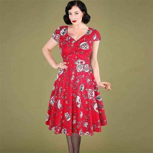 Oten Dia das Bruxas Verão Skater Vestido Elegante Vintage Vintage Red Skulls Flor Impressão 50s Rockabilly Night Party Plus Size Vestidos 210331