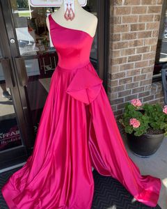 One-Shoulder High Split Prom Dress 2022 Royal Blue Fuchsia Satin Formal Event Party Gowns Cut-Out Back A-Line Sleeveless Design Jo