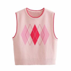 Mulher casual rosa argyle argyle tricotado colete curto primavera moda senhoras suaves suaves suaves meninas bonito tanque 210515