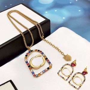 Luxury Colored Rhinestone Necklace Earrings Women Double Letter Tiger Head Necklaces Jewelry Sets Wholesale