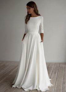 2021 A line Crepe Modest Wedding Dress Long Sleeves Pockest Sweep Train Simple Elegant Informal Boho Bridal Gowns Sleeved Custom Made