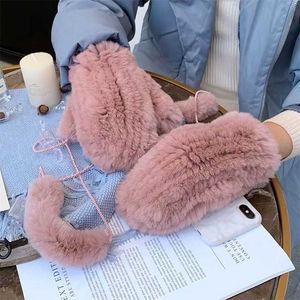 Women's Winter Real Rex Rabbit Fur Gloves Warm Thick Ladies Mittens Elastic Girls Ski Glove Mitts Soft With String 220113