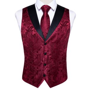 Herrvästar Mens kostym Vest Tie Set Red Silk Bussiness Bröllopsfest Klänning Necktie Hankerchief Manschettknappar Homme Casual Sleevess Jack