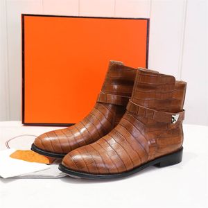 H Botas de couro de luxo Designer genuíno Martin Sapatos Sapatos Calfskin Tornozelo Boot Sapato Cavaleiro Botas Espaços Laminados