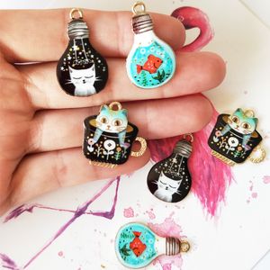 10pcs/pack Light Bulb Cat Cup Enamel Charms Earring Bracelets DIY Pendant Jewelry Making Golden Base