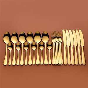 Gold Tableware Forks Knives Spoons Stainless Steel Golden Cutlery Set Silverware 24 Pcs Complete 210928