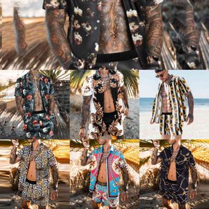 레트로 인쇄 여름 세트 남자 옷 패션 옷깃 반팔 셔츠와 느슨한 반바지 해변 정장 캐주얼 망 2021 Streetwear X0610