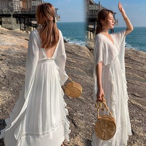 Yosimi Beyaz Şifon Uzun Kadın Elbise Yaz V Yaka Fit ve Flare Backless Ayak Bileği Uzunlukta Maxi Batwing Sleeve Beach Elbiseler 210604