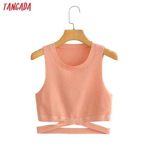 Tangada Sommar Kvinnor Solid Rosa Midja Hollow Out Crop Tank Top Ärmlös Kvinna Sticka Toppar AI62 210609