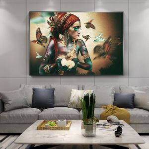 Afrikansk kvinna med fjäril kanfas målningar på väggen konst affischer och tryck färgglada svart tjej konst bild hem dekoration