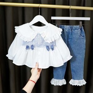 Lange Ärmel Kleidung Mädchen Kleid Mode Lotusblatt Kragen Hemd + Jeans 2 Teile/satz Kinder Kostüm für 1 2 3 4 Jahre Party 211021