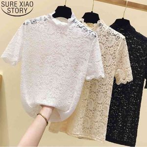 Sexy Blouse Casual Fashion Women White Lace Shirts Summer Short Sleeve Stand Collar Womens Tops and Blouses Blusas 9186 50 210417