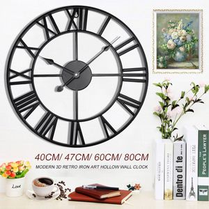 40/47 / 60/80 cm Nowoczesne 3D Duży Retro Czarny Żelazny Okrągły Sztuka Hollow Metal Clock Wall Clock Nordic Roman Liczniki Dekoracja Domowa