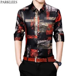 Erkek Şık Leopar Patchwork Baskı Elbise Gömlek Bahar Slim Fit Uzun Kollu Gömlek Erkekler Rahat Pürüzsüz İpek Gibi Chemise 210522