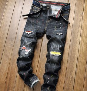 Mens Ink Graffiti ripped Jeans 2021 Spring Fashion Black Gray Hole Denim Pants Regular Fit Stretch Trousers Male