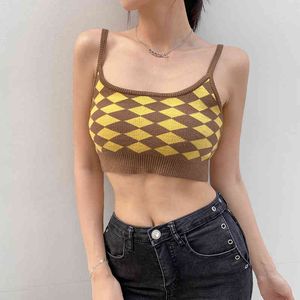 Argyle Print Knit Y2k Camis Strap Crop Top For Girls Summer Clothes For Women Vintage Plaid Shirt Sleeveless Tank Top Female 210415