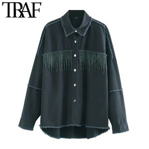 Traf女性のファッション特大の宝石入りデニムジャケットコートビンテージ長袖フェイドタッセル女性の上着シックなトップス210415