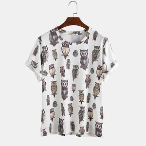 Uomo Divertente Cartoon Gufo Stampa Girocollo Casual Manica corta T-shirt Moda uccello Stampato Tshirt per uomo Tee 210527