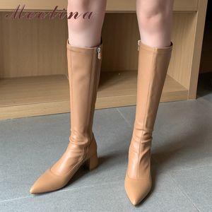 Real Leather High Heel Long Boots Women Knee Shoes Zip Pointed Toe Block Heels Stretch Lady Apricot 40 210517