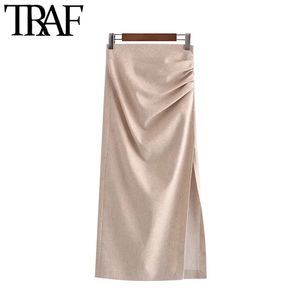 TRAF Women Chic Fashion With Draped Front Slit Linen Midi Skirt Vintage High Waist Back Zipper Female Skirts Mujer 210415