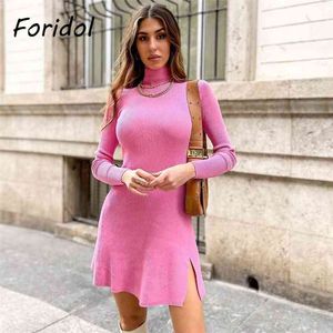 Turtleneck Pink Knitted Dress Women Casual Long Sleeve Slit Short Spring Autumn A-line 210427