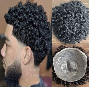 15mm Afro Curl 1B Full PU Peruca Masculina Remy Brasileira Reposição de Cabelo Humano 12mm Unidade de Renda Encaracolada para Homens Negros Entrega Expressa