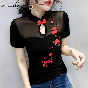 Women Cotton T-Shirts Short Sleeve Mesh Tee Tops Summer Chinese Floral Embriodery Design For Show T03611B 210421