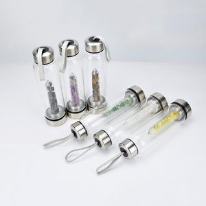 DHL Natural Crystal Water Bottle Point Healing Obelisk Wand Elixir Quartz Crystal Glass Water Bottle Wood Cup Cove Drop