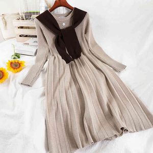 NELLOE CHIC Шаль дизайн вязание платье весна осень элегантные плиссированные женские платья O-шеи с длинным рукавом тонкий халат корейский Vestidos 210423