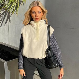 Designer Style Women's Vests Clothing Autumn and Winter Warm Loose Stand-up Collar Concealed Button Plush Sleeveless Sweatshirts Women