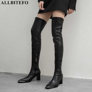 ALLBITEFO size 33-43 Metal toe thick heel women over the knee boots fashion sexy thigh high boots high heel shoes riding boots 210611