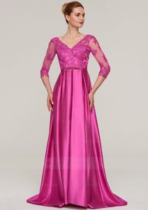 Fuchsia Lace Satin Mother of the Bride Dresses V Neck Long Sleeves Floor Length Wedding Guest Dress Party Gowns