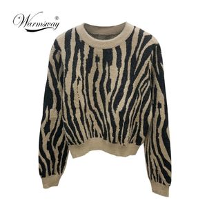 Kvinnor Mode Jacquard Animial Print Slim Crop Sweater Vintage O Neck Kortärmad Kvinnlig Pullovers Chic Tops C-027 211218