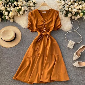 Neploe V Neck Drawstring Design Solid Dress Women High Waist Hip A Line Long Vestidos Pullover Short Sleeve Slim Robe Summer 210423