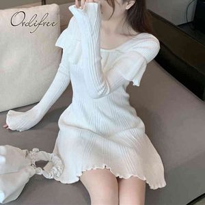 Autumn Women Ruffle Mini Long Sleeve Sexy White Knitted Sweater Dress 210415