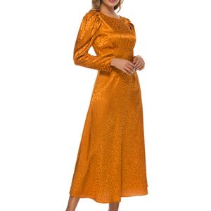 Retro Golden Party Dress Tjock Satin Puff Långärmad Empire En Linje Ropa Mujer Ladies Julklänningar Robe Femme Spring 210527