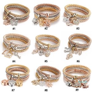 3pcs Set Crystal Hibou Crown Crown Bracelets Strass Elephant Skull Music Notes Butterfly Touche Touche Arbre de vie Charme Bijoux Bijoux