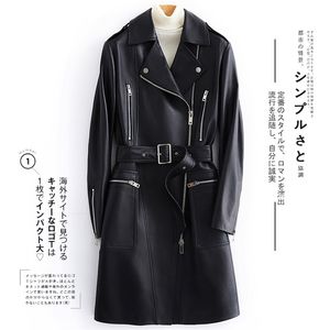 Lautaro Autumn Black Long Faux Leather Jacket Women with Many Pockets Zipper Belt Lapel Spring Leather Trench Coat for Women 211007